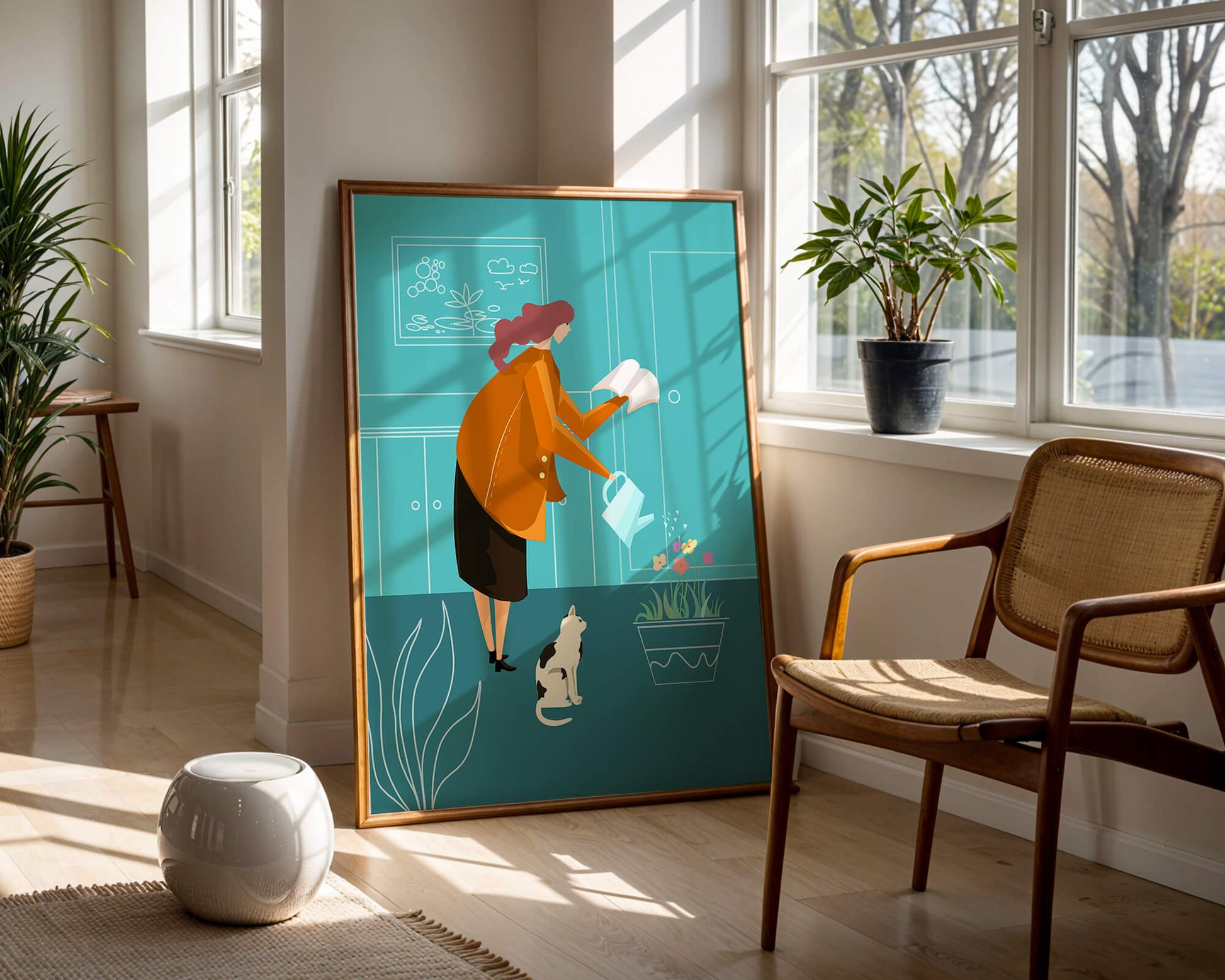 Mujer regando flores con un gato en un interior moderno