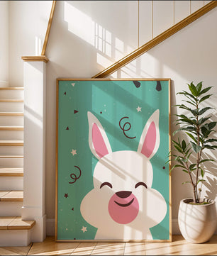 Adorable cartoon bunny on teal background with playful elements