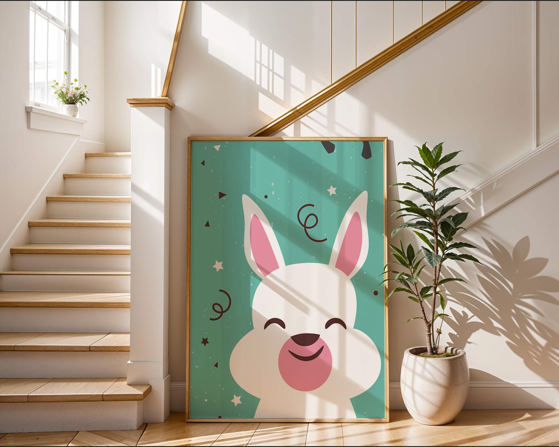 Adorable cartoon bunny on teal background with playful elements