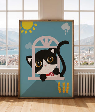 Charming black and white cat peeking through window under bright sun