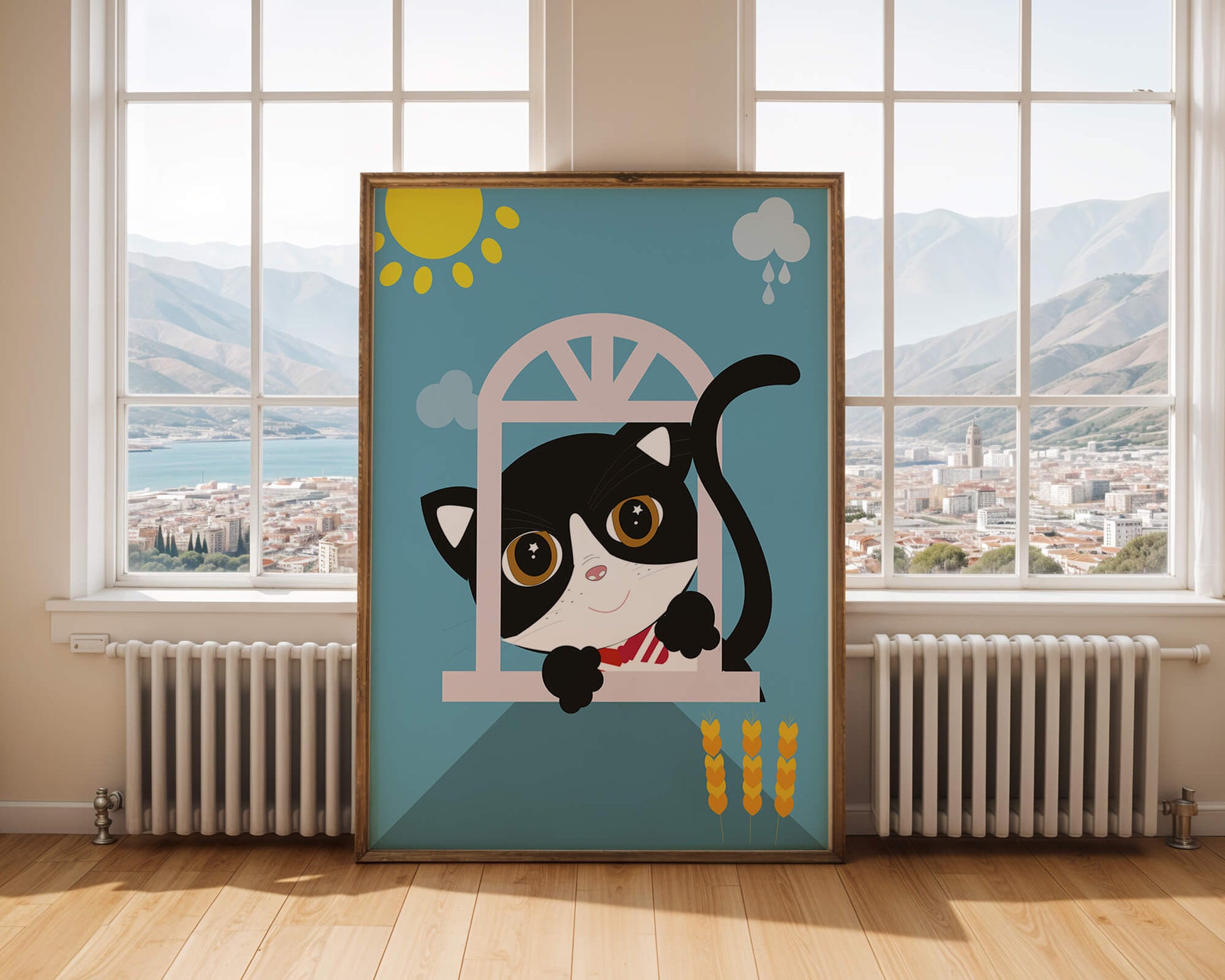 Un encantador gato blanco y negro se asoma por la ventana bajo el sol brillante.