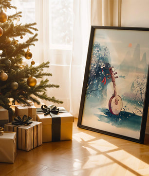 Paisaje tradicional chino con instrumento musical y flores