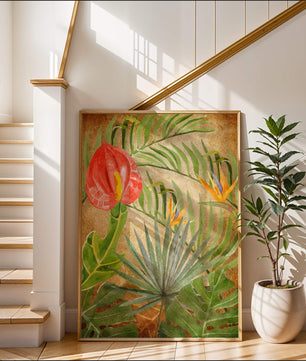 Colorful botanical illustration with tropical leaves on textured background