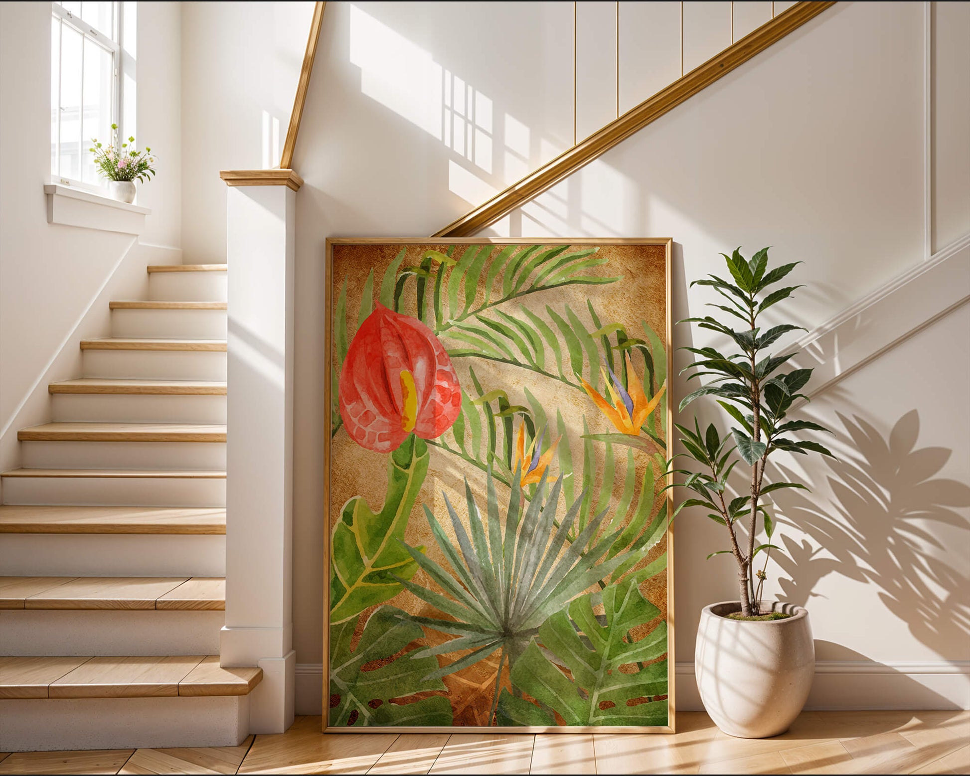 Colorful botanical illustration with tropical leaves on textured background