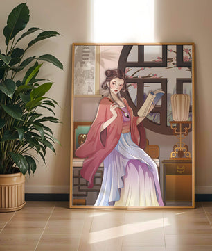 Illustrated scene of a woman in traditional attire reading by a window