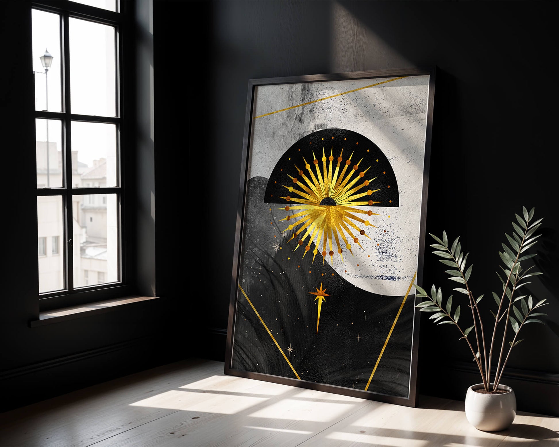 Abstract cosmic design featuring golden sunburst and celestial elements