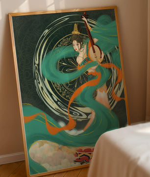 Elegant depiction of traditional musical culture with vibrant flowing ribbons and intricate patterns