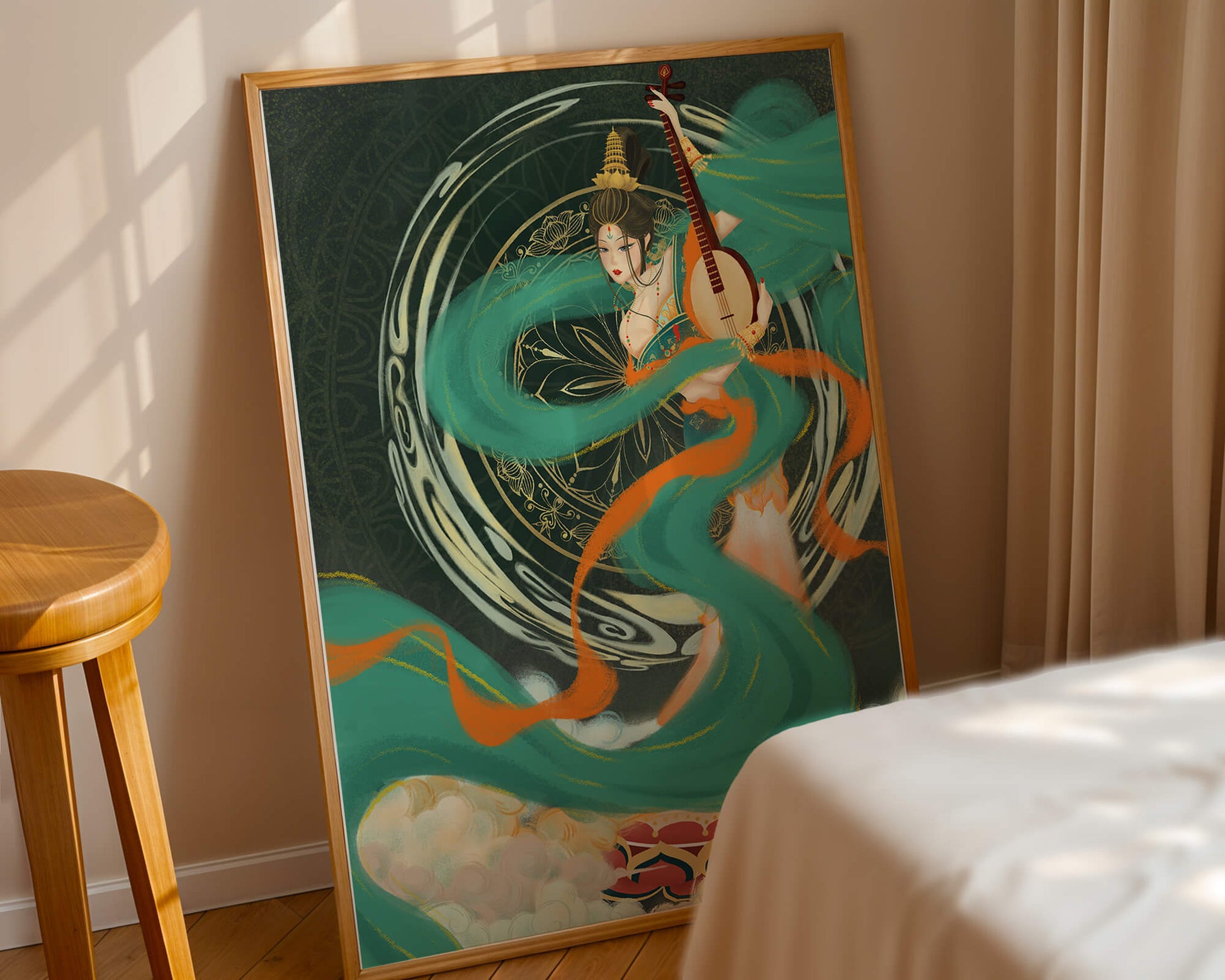 Elegant depiction of traditional musical culture with vibrant flowing ribbons and intricate patterns