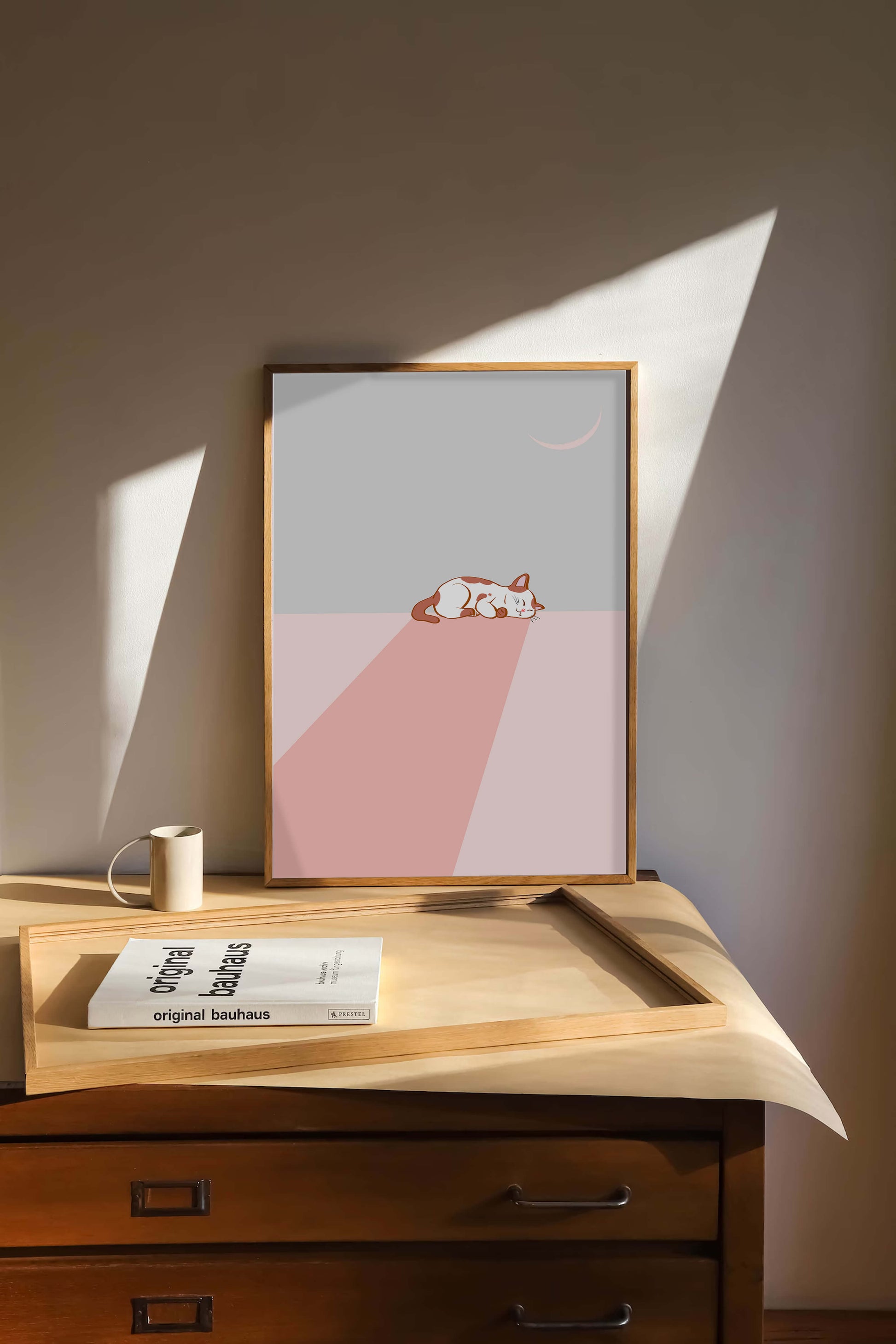 Sleeping Cat in Minimalistic Moonlit Scene