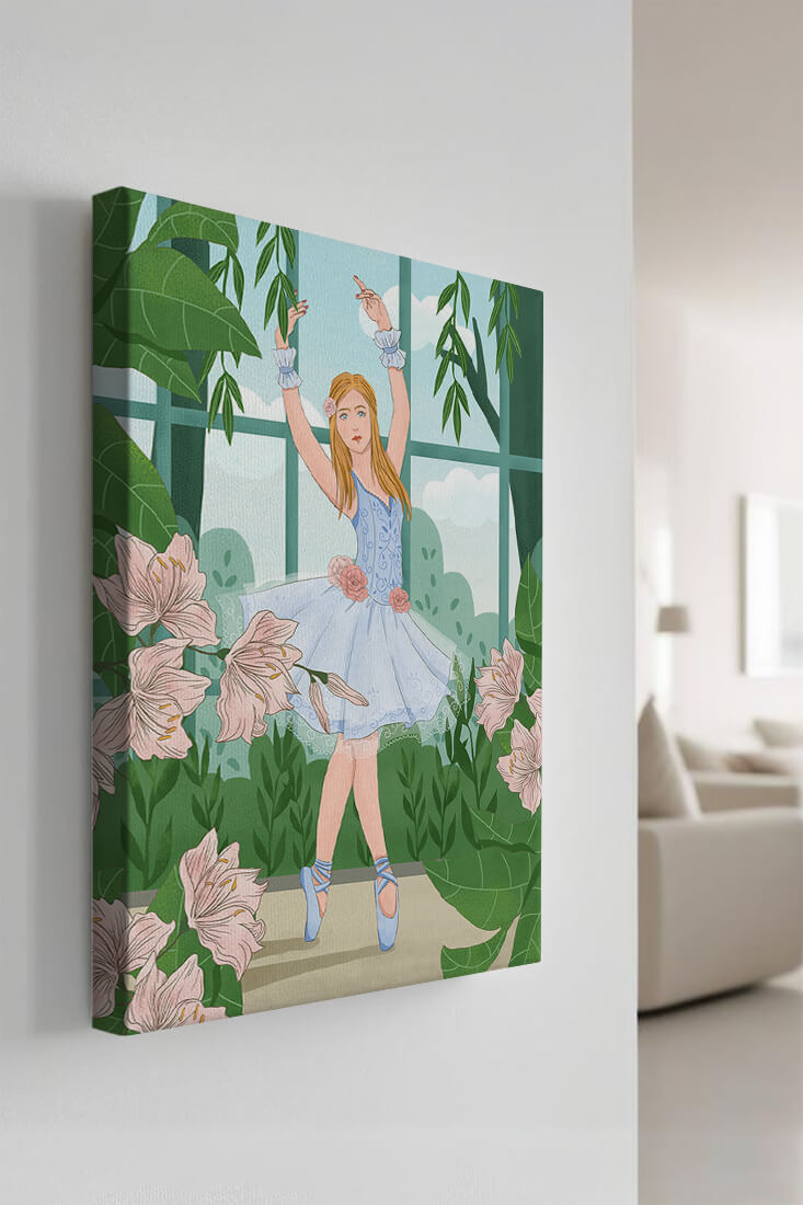 Elegant ballet dancer in a floral and botanical setting