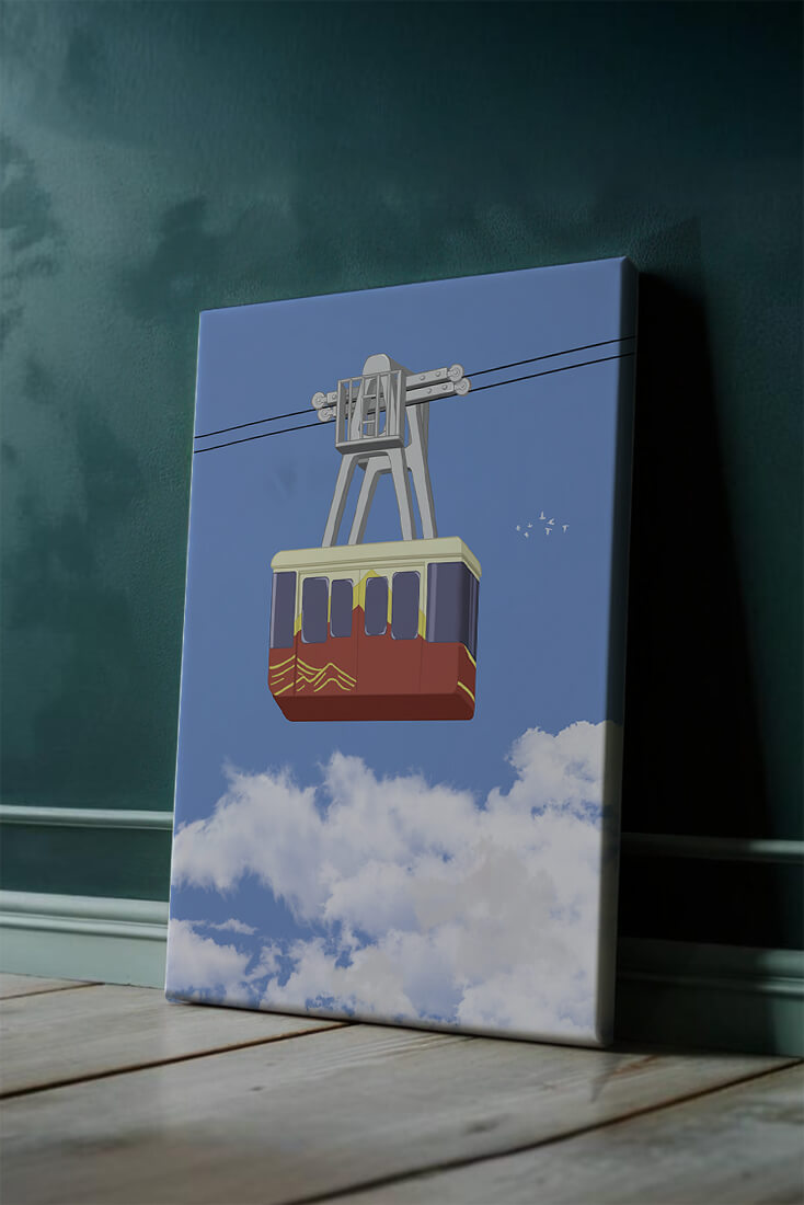 Colorful cable car against a clear blue sky