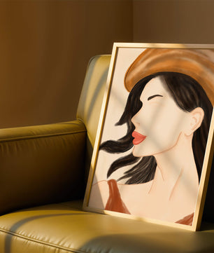 Stylized portrait of a woman in a hat with flowing hair