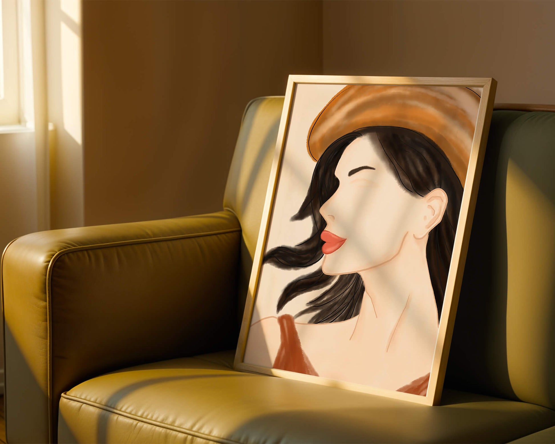 Stylized portrait of a woman in a hat with flowing hair