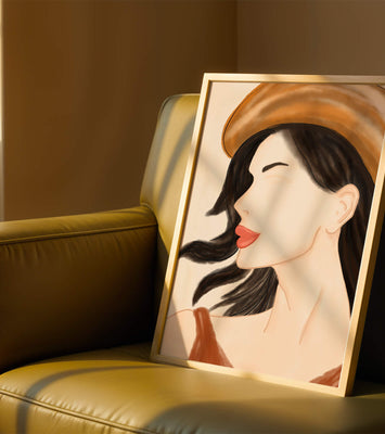 Stylized portrait of a woman in a hat with flowing hair