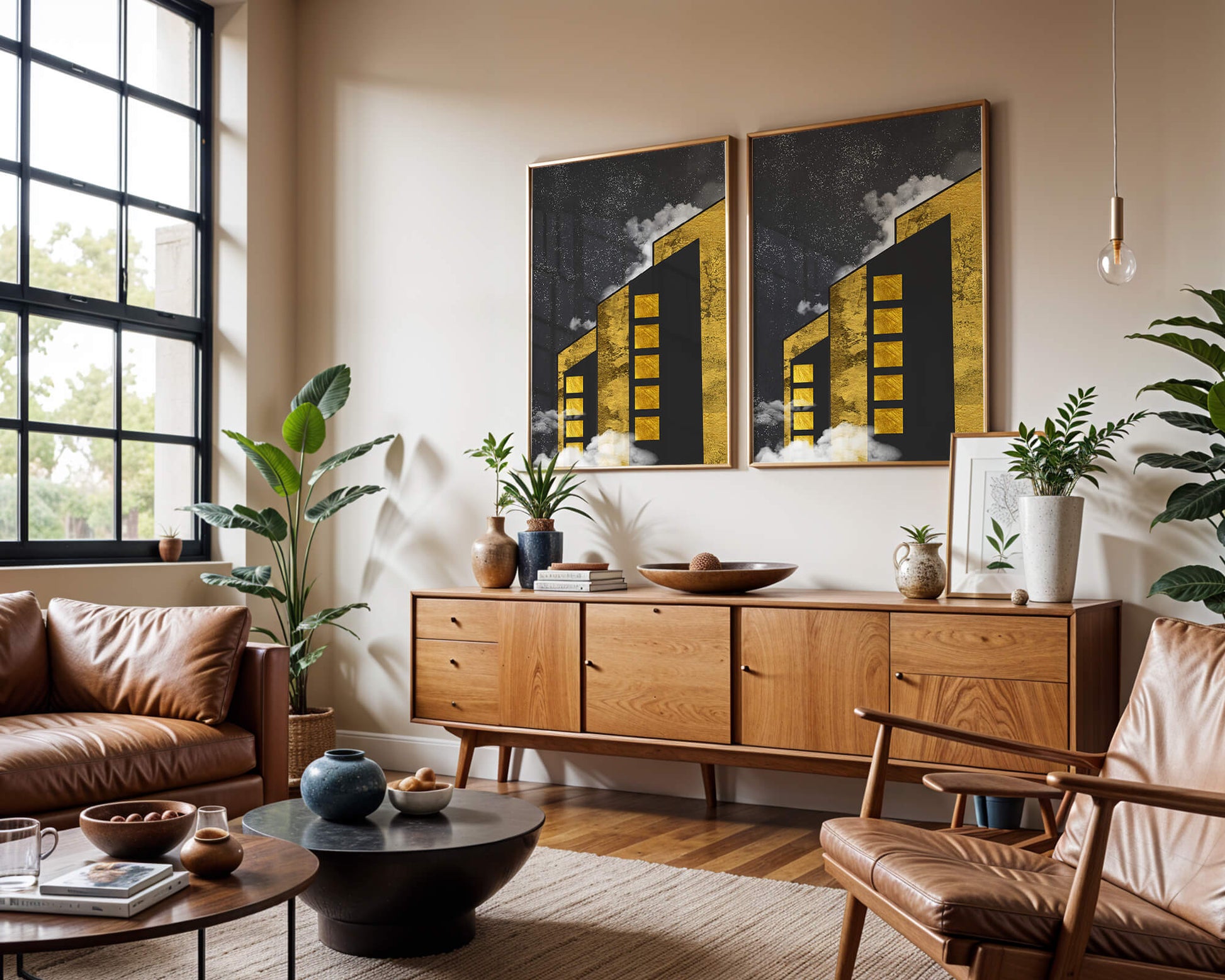 Artistic architectural illustration with golden elements and night sky