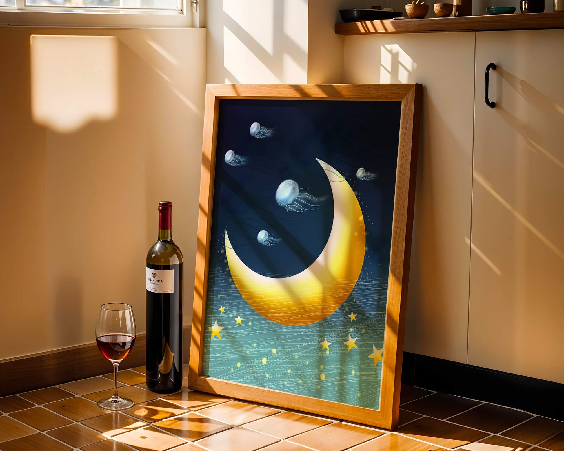 Night sky with golden crescent moon and jellyfish drifting