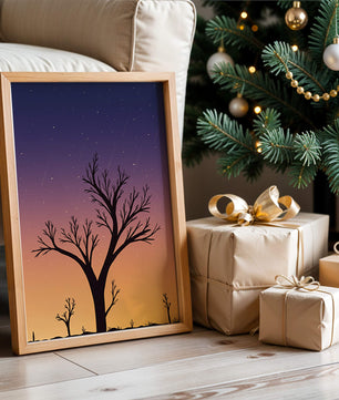 Silhouette Of Tree Against Stunning Sunset Sky With Stars