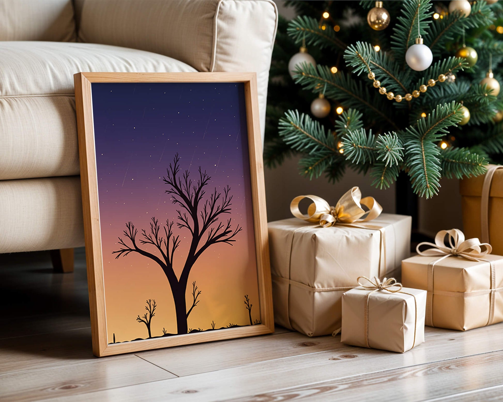 Silhouette Of Tree Against Stunning Sunset Sky With Stars