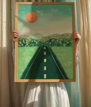Serene Landscape with Road Leading to Sunset and Lush Greenery