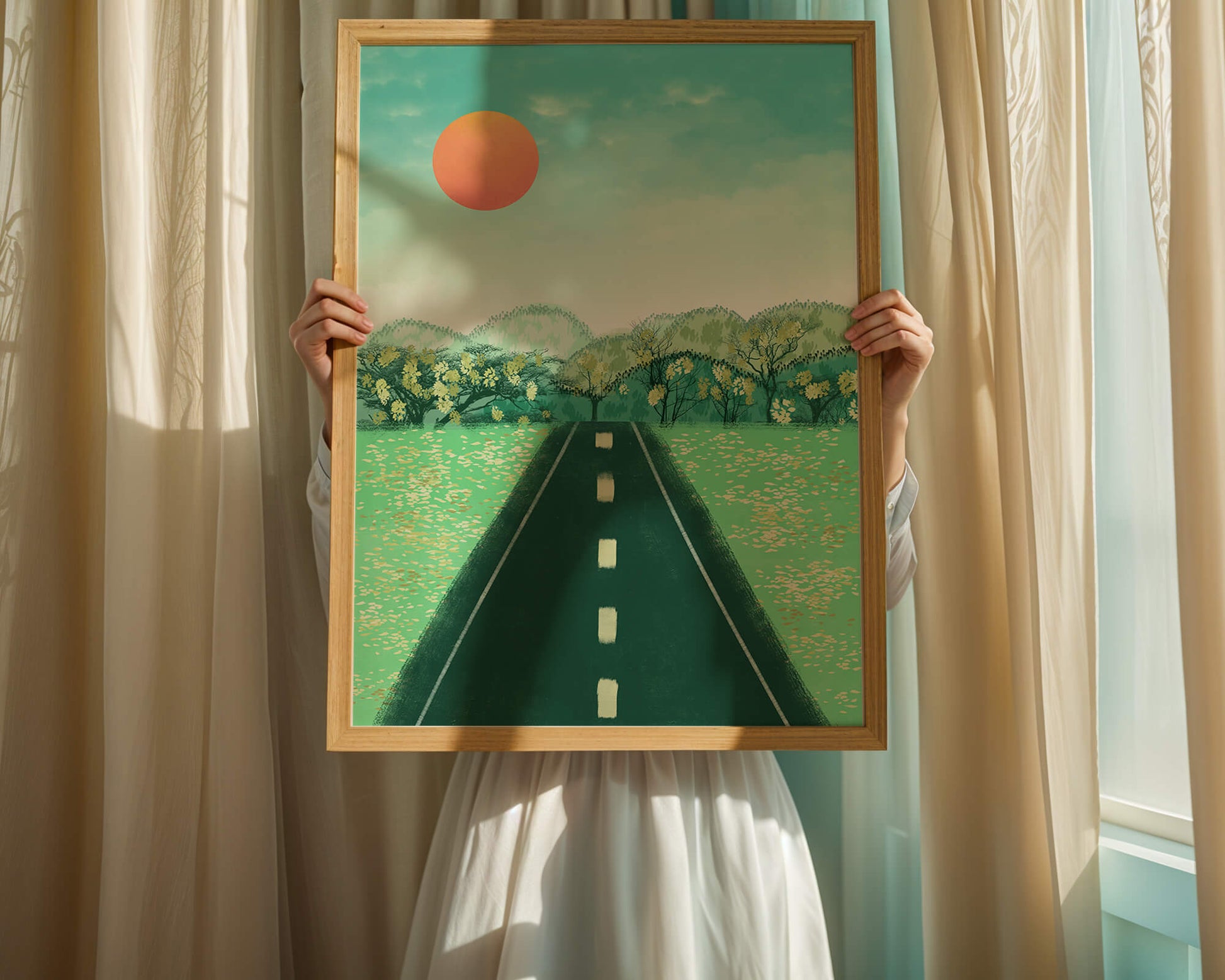 Serene Landscape with Road Leading to Sunset and Lush Greenery