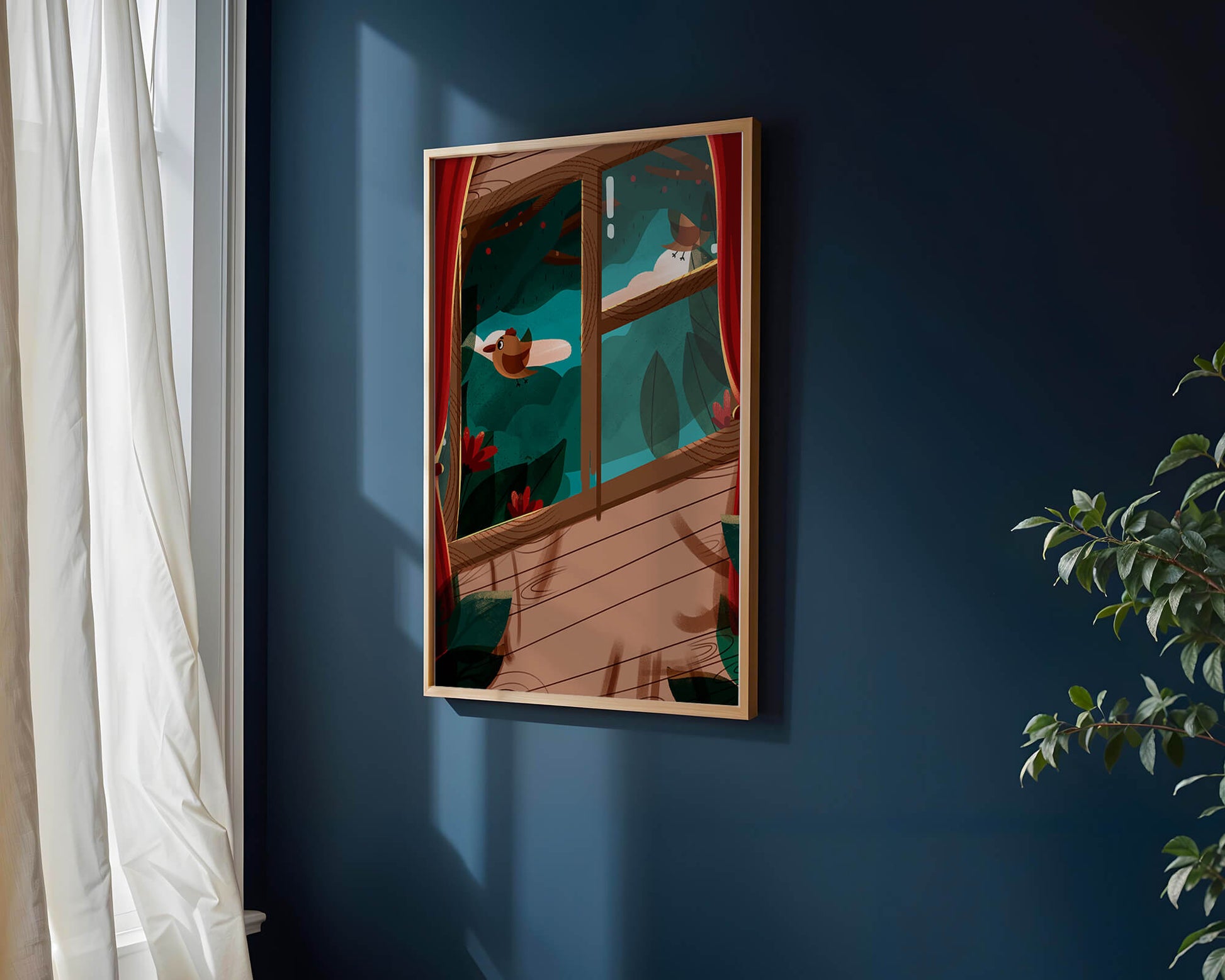 Bird Sitting by an Open Window Overlooking a Lush Garden