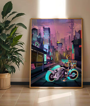 Paisaje urbano futurista cyberpunk con rascacielos iluminados con neón y motociclista