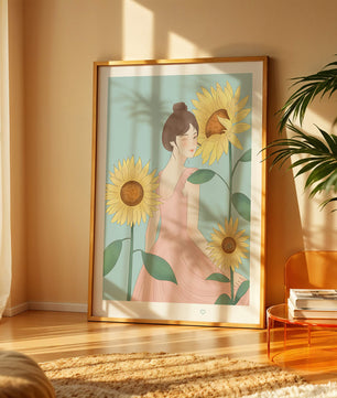Ilustración de una mujer en un vestido rosa con girasoles