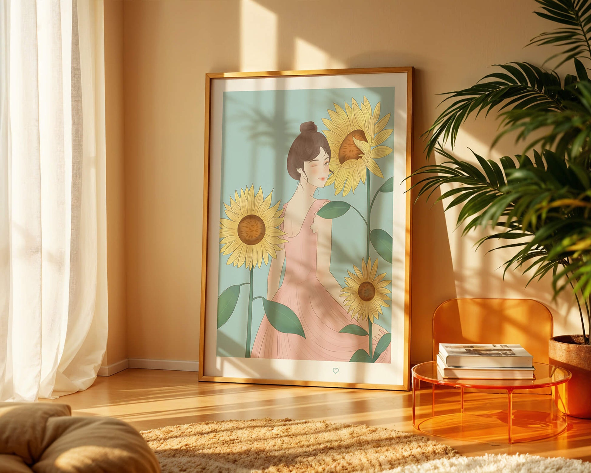 Illustration of a woman in a pink dress with sunflowers