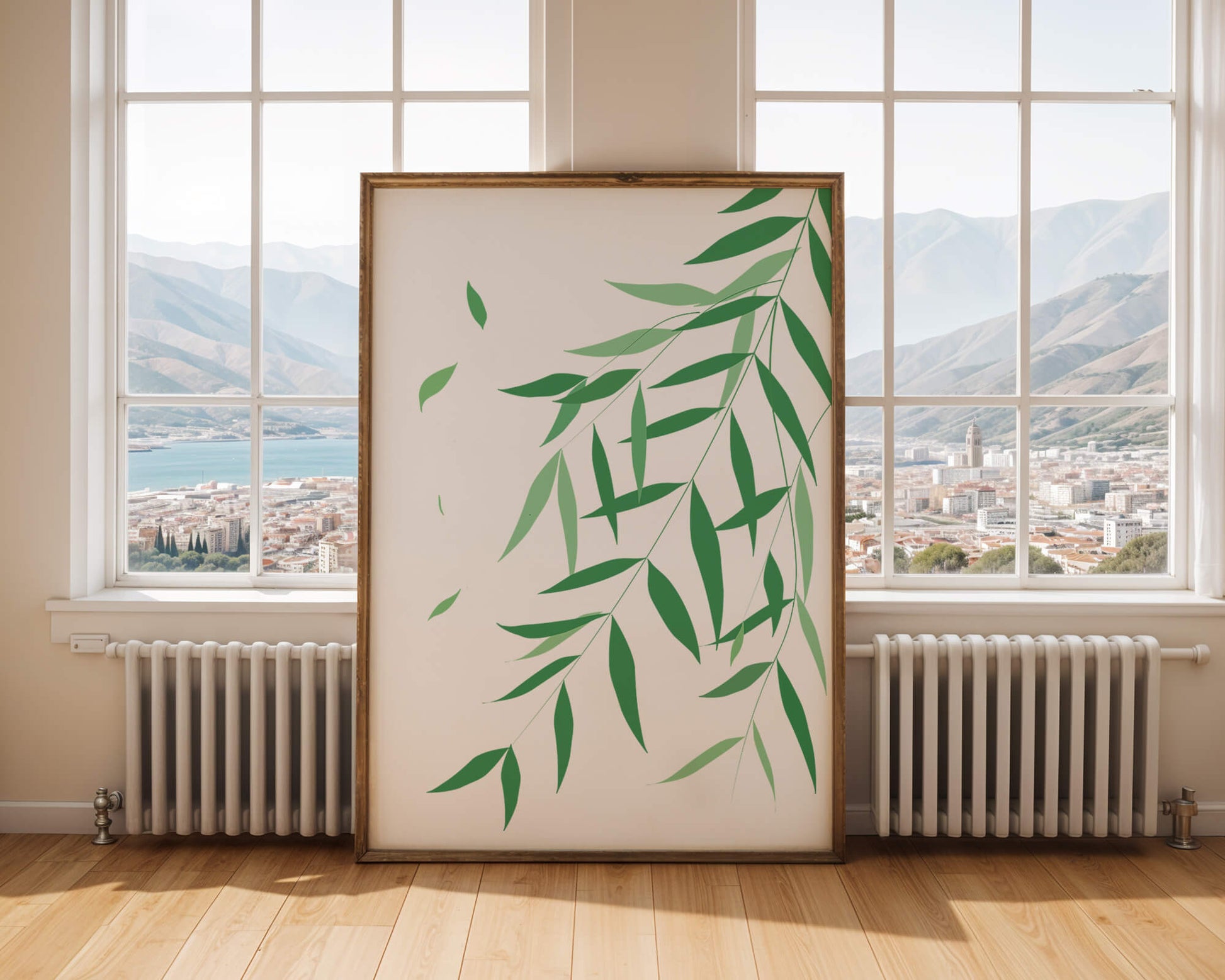 Elegant green leaves on black background art illustration