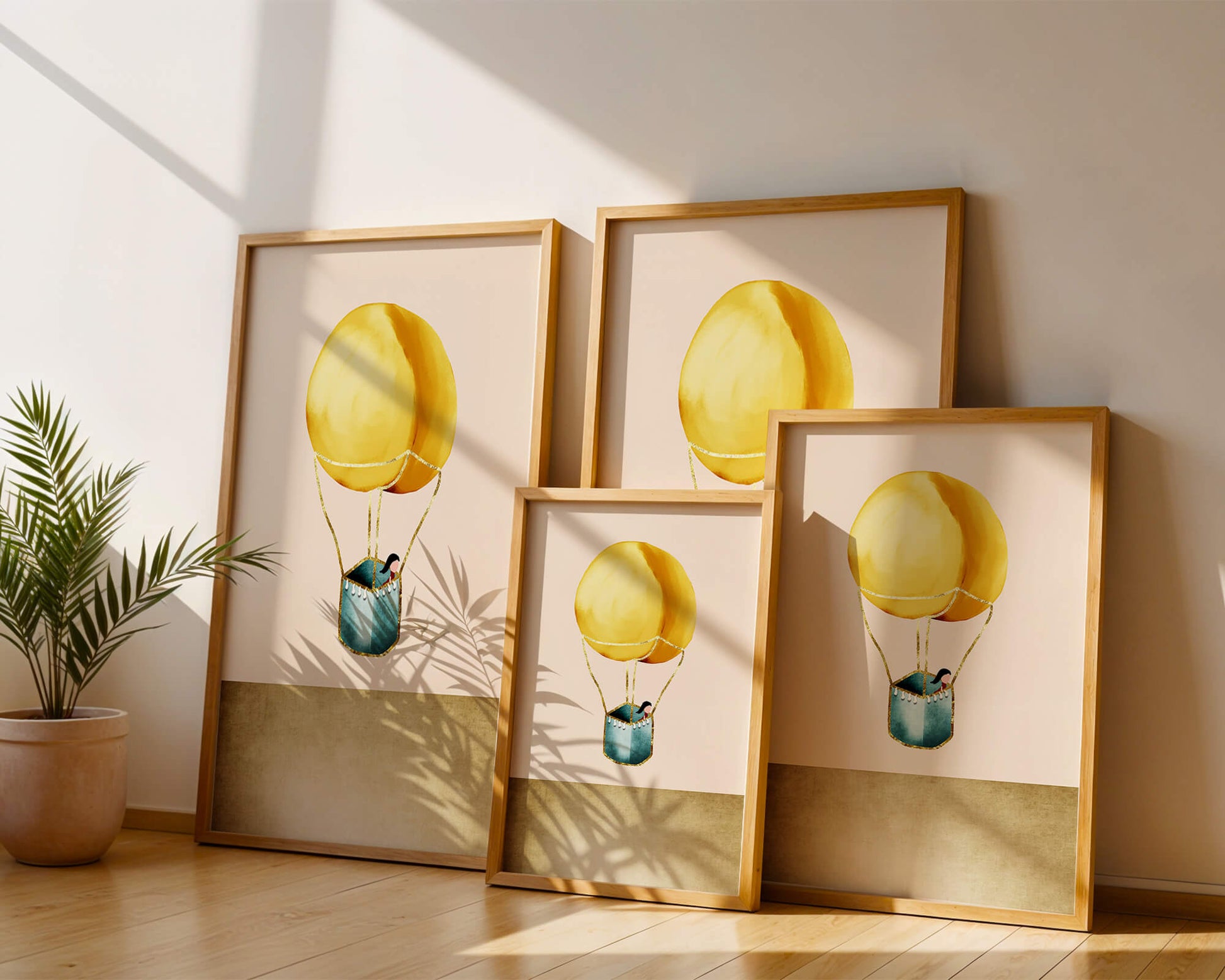Charming Hot Air Balloon Illustration with Golden Accents