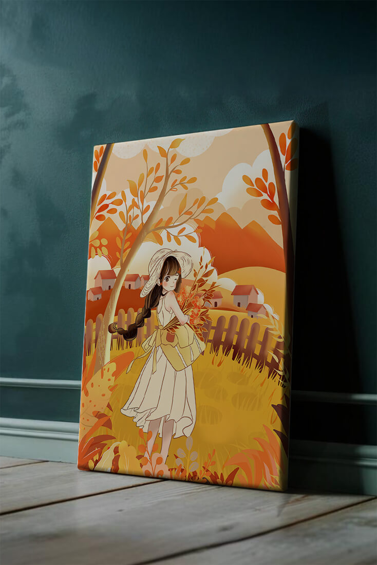 Illustration of a Girl in a Yellow Dress in Autumn Scenery