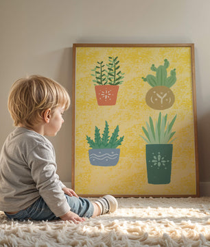 Illustrated potted plants on textured yellow background