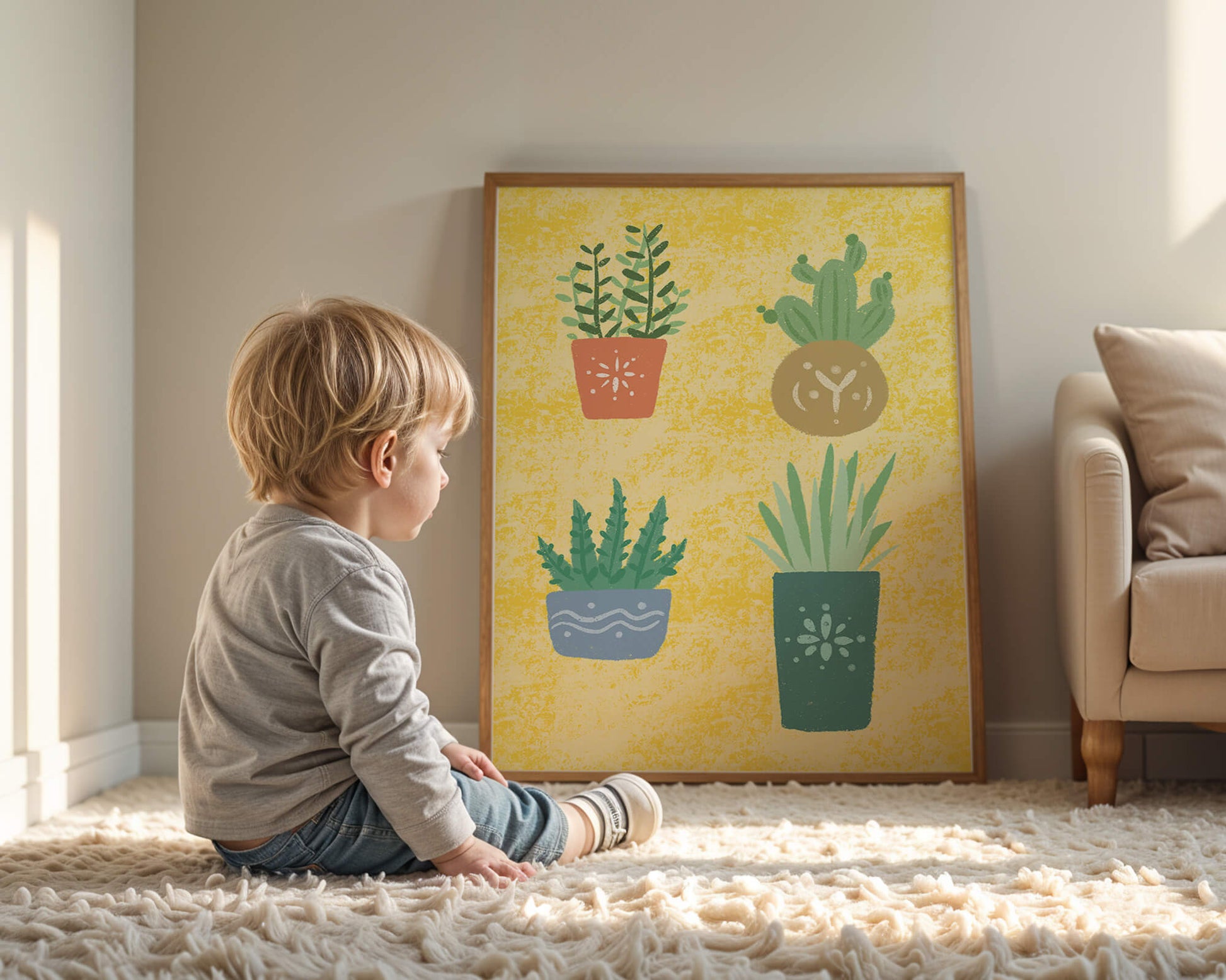 Illustrated potted plants on textured yellow background