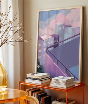Urban Pastel Scene with Buildings and Pink Clouds