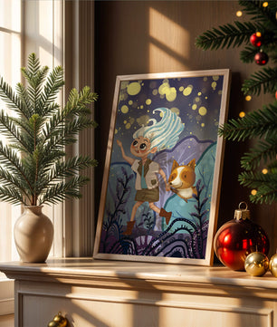 Whimsical Adventure in a Magical Night Sky Landscape