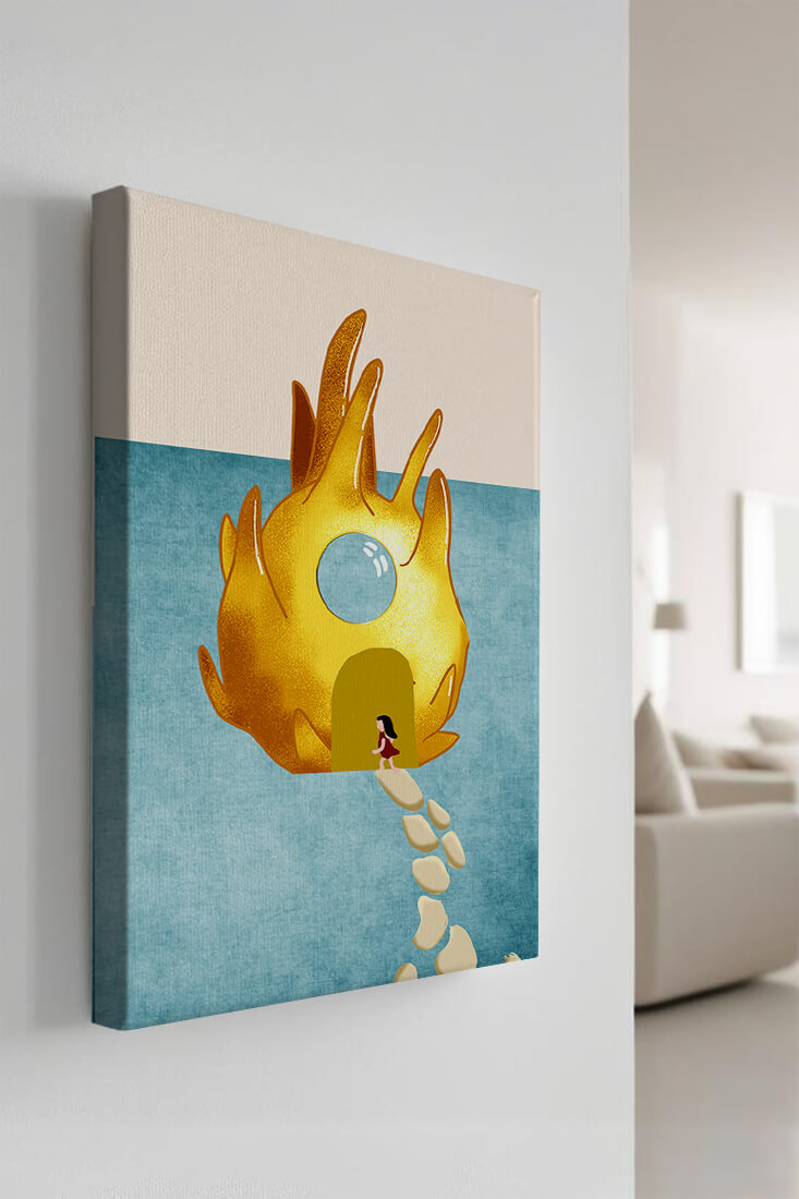 Enchanted House With Golden Flame Shape On Light Blue Background