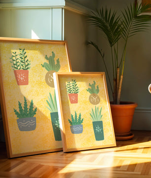 Illustrated potted plants on textured yellow background