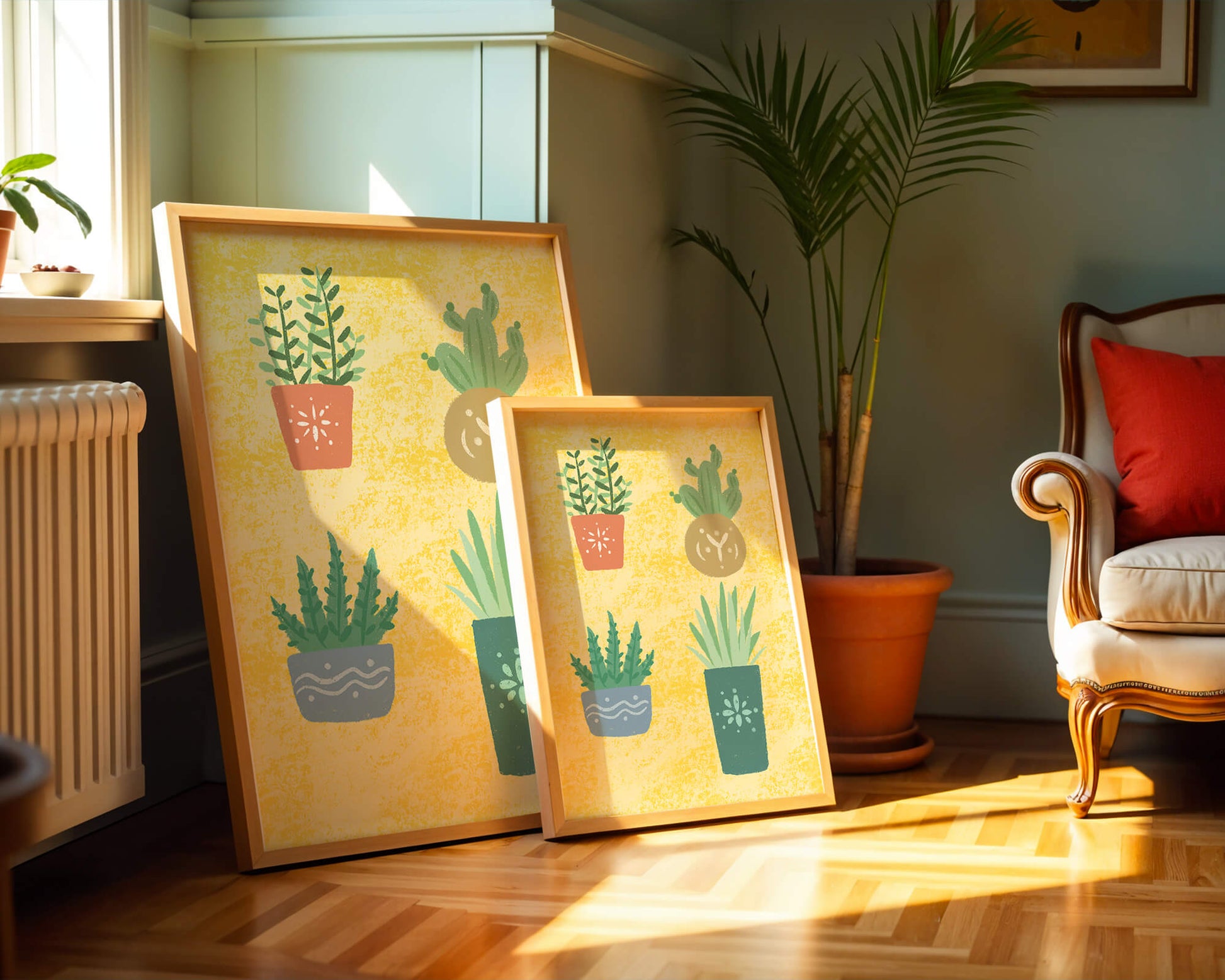 Illustrated potted plants on textured yellow background