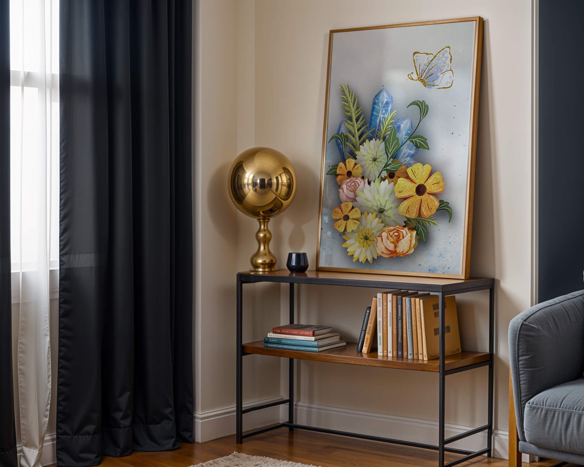 Floral and crystal arrangement with golden butterfly
