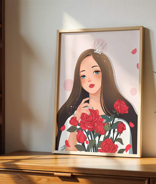 Illustration d'une fille animée avec une couronne et des roses