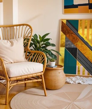 Abstract geometric design with gold accents and vibrant colors