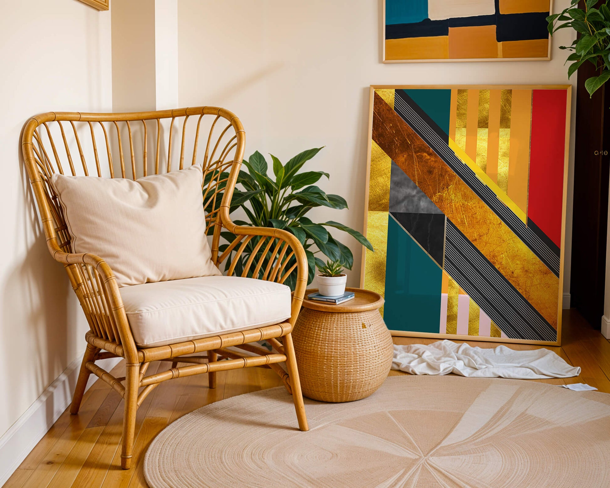 Abstract geometric design with gold accents and vibrant colors