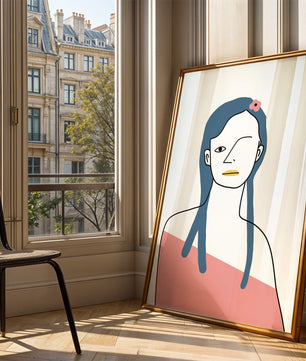 Abstract Portrait with Blue Hair and Floral Accent - Mi tienda