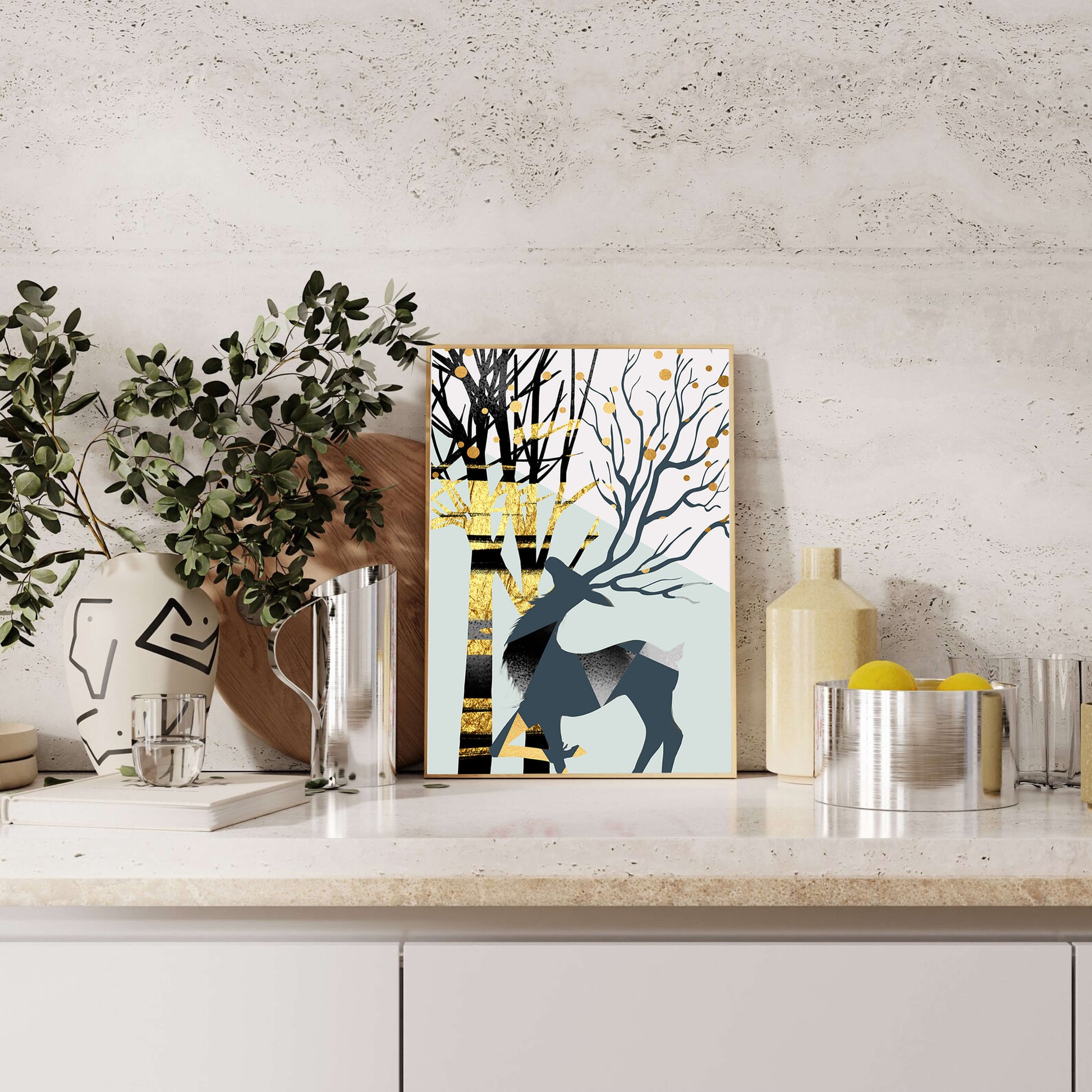 Abstract Deer Silhouette with Golden Accents and Trees