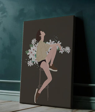 Illustration of a woman sitting on a stool surrounded by flowers