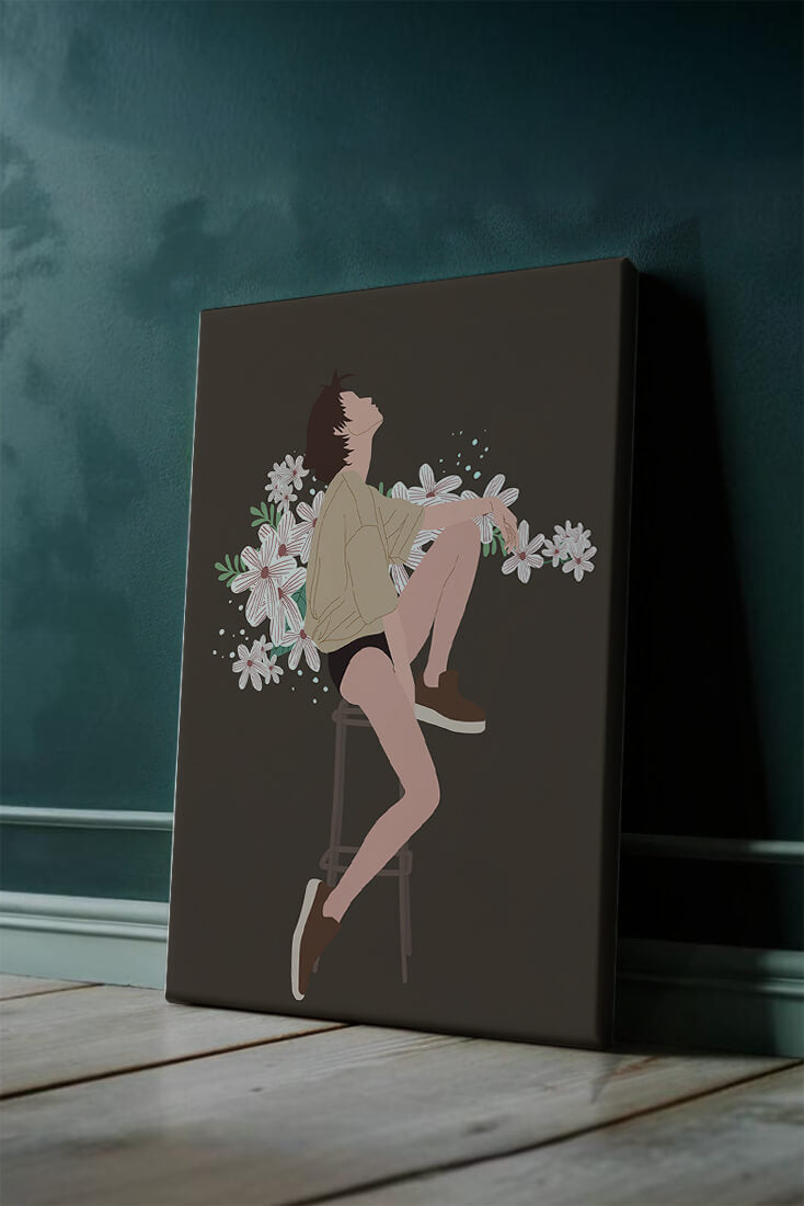 Illustration of a woman sitting on a stool surrounded by flowers