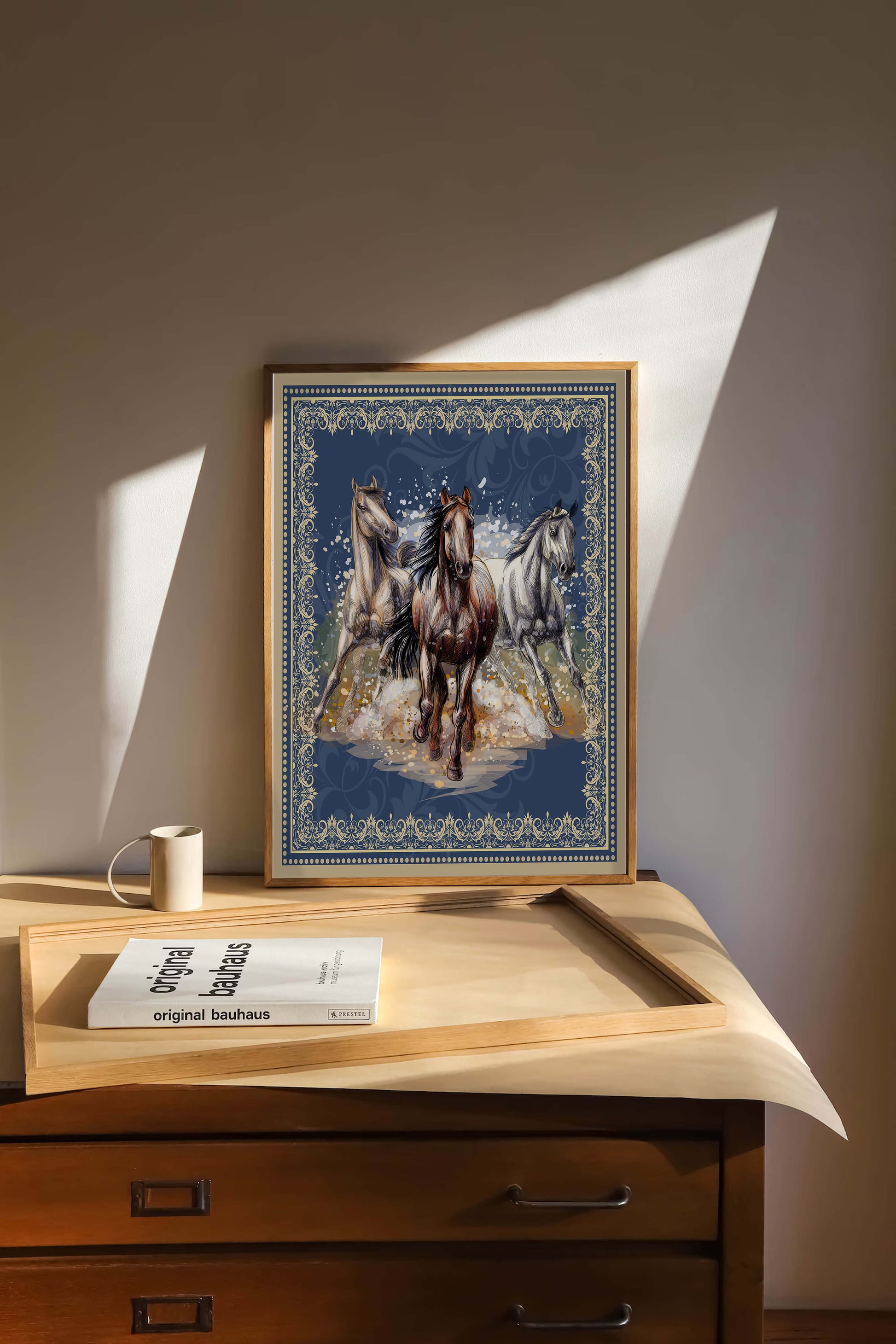 Running horses framed with elegant golden border on a blue background