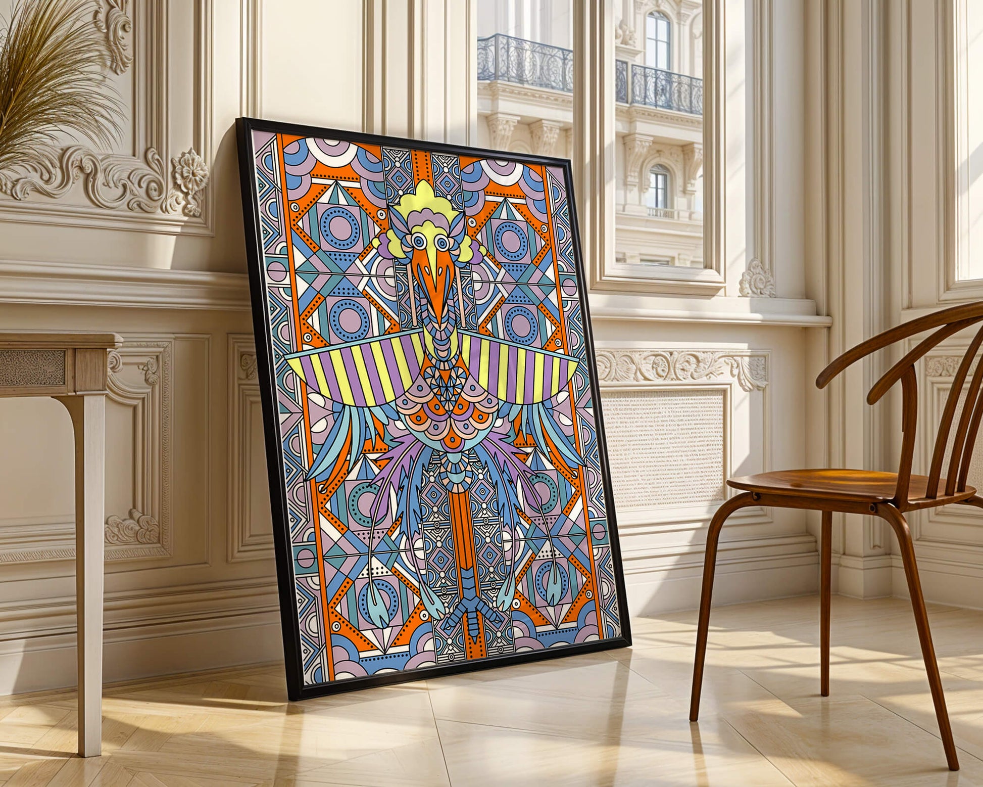 Oiseau géométrique coloré avec motifs détaillés