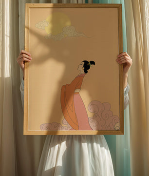 Elegant Woman in Traditional Dress with Moon and Clouds
