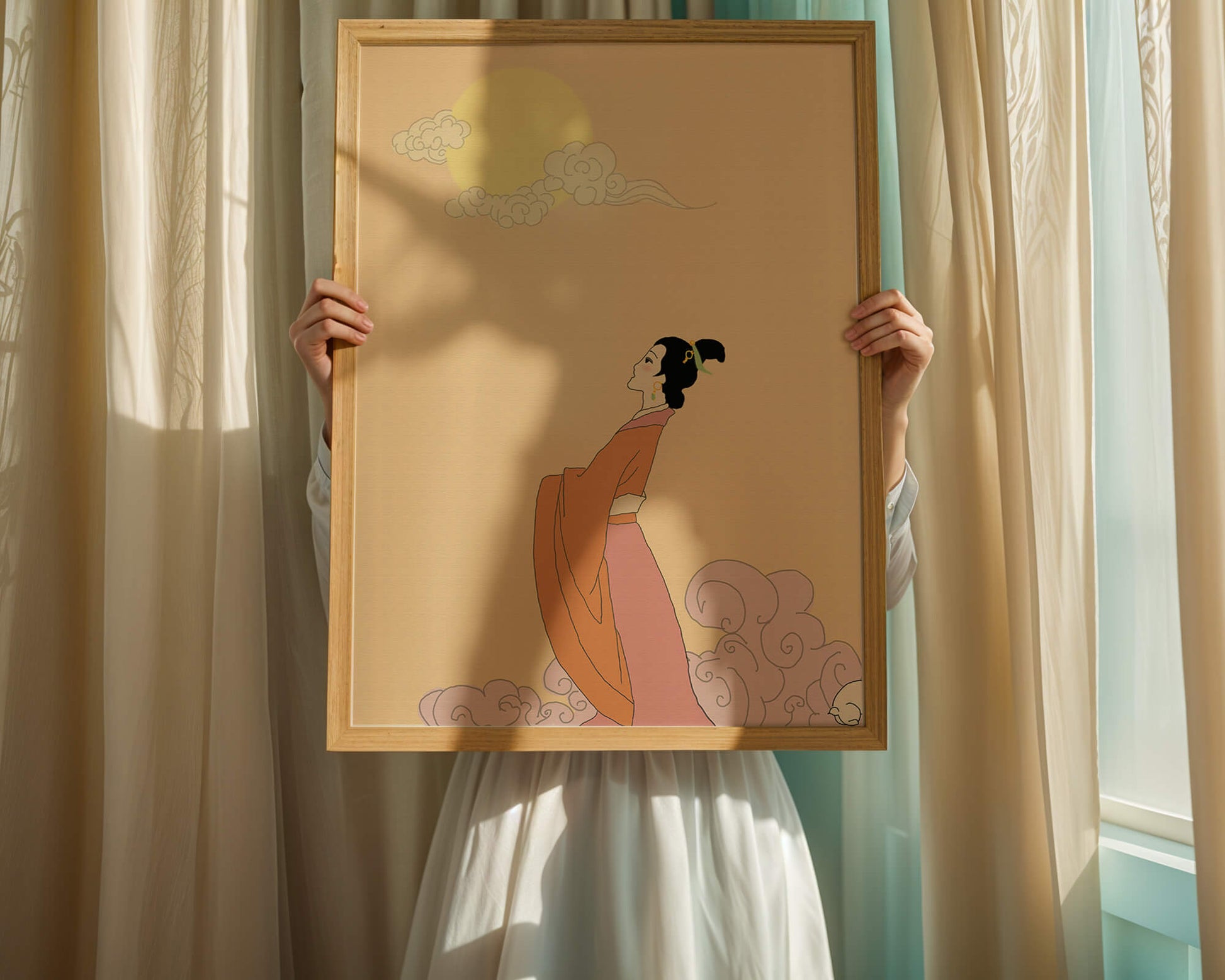 Elegant Woman in Traditional Dress with Moon and Clouds